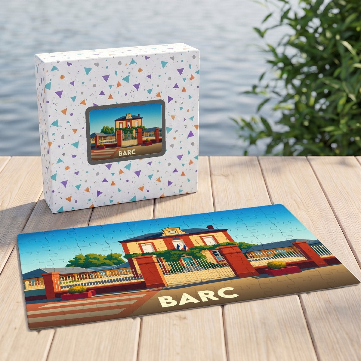 Puzzle souvenir de la ville de Barc avec une illustration stylisée de sa mairie.