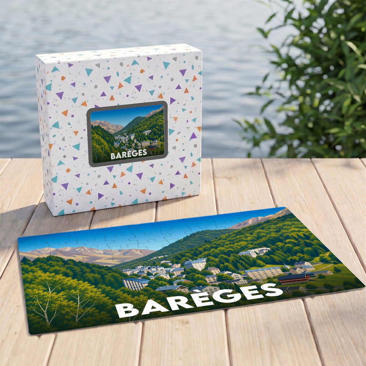Puzzle souvenir de la ville de Barèges avec une illustration stylisée de ses paysages montagneux.