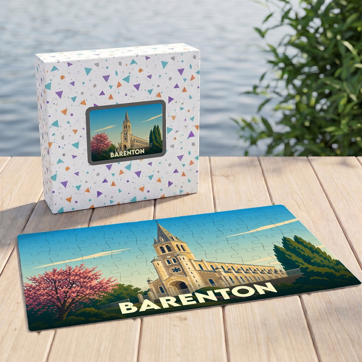 Puzzle souvenir de la ville de Barenton avec une illustration stylisée de son église.