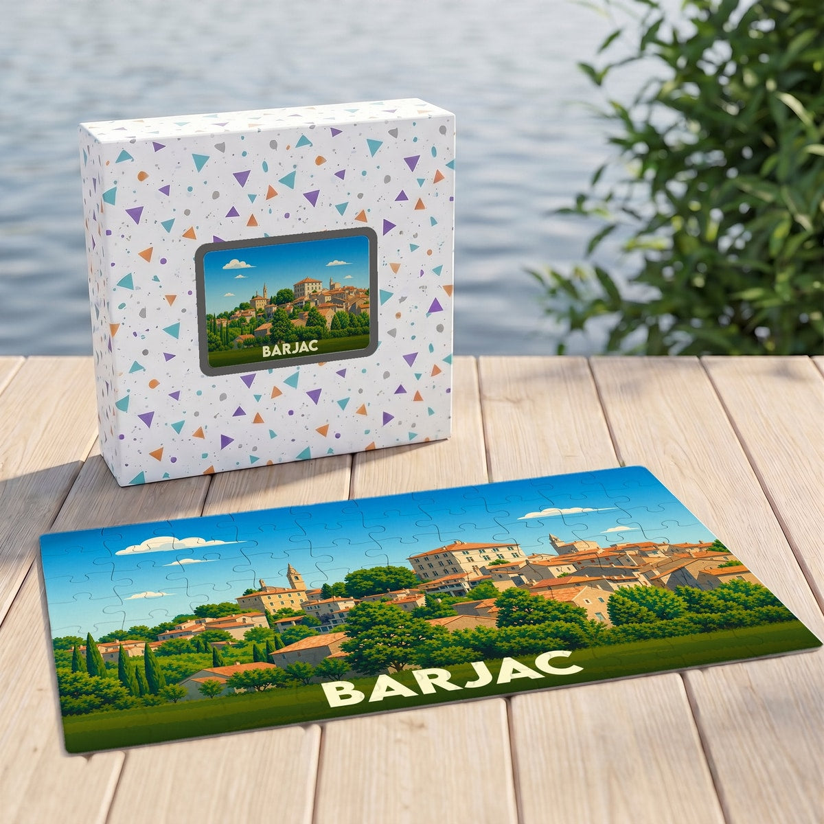 Puzzle souvenir de la ville de Barjac avec une illustration stylisée de son paysage urbain.