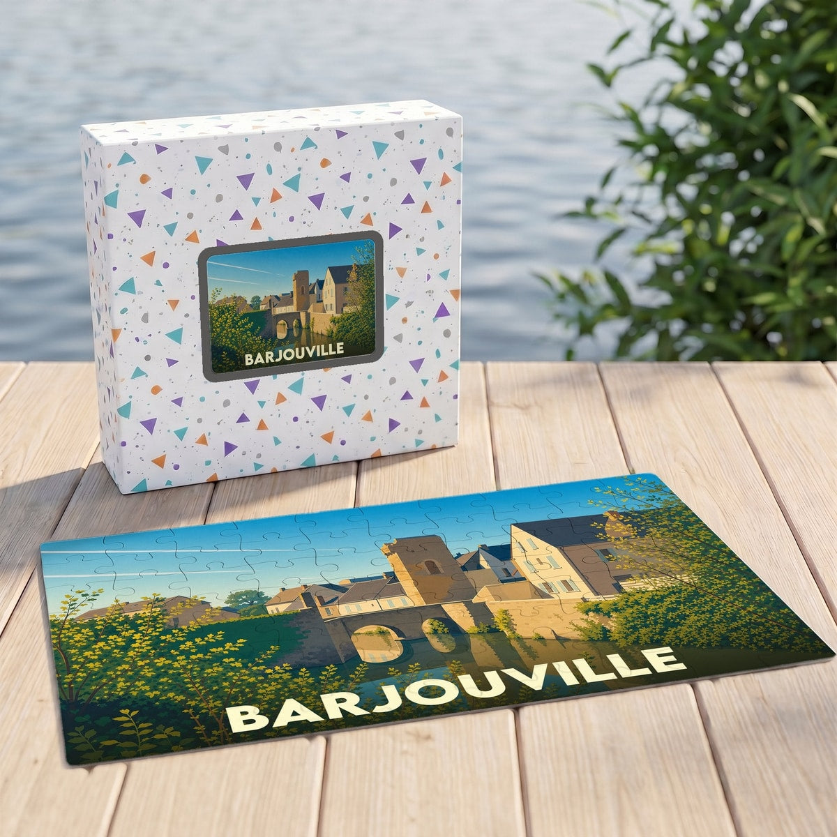 Puzzle souvenir de la ville de Barjouville avec une illustration stylisée d'un pont et de bâtiments historiques.