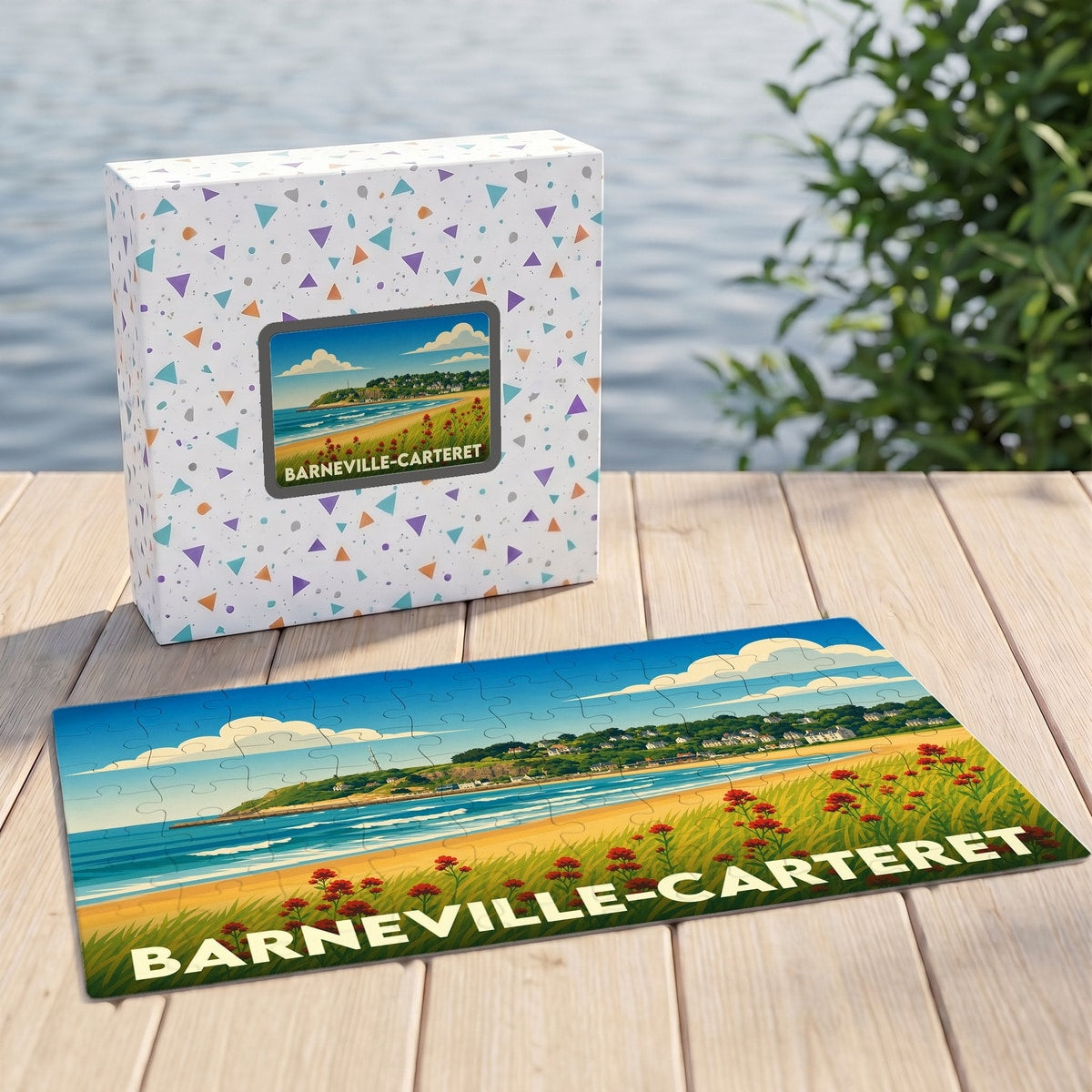 Puzzle souvenir de la ville de Barneville-Carteret avec une illustration stylisée de sa côte littorale.