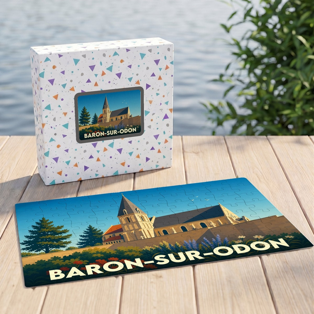 Puzzle souvenir de la ville de Baron-sur-Odon avec une illustration stylisée de son église.