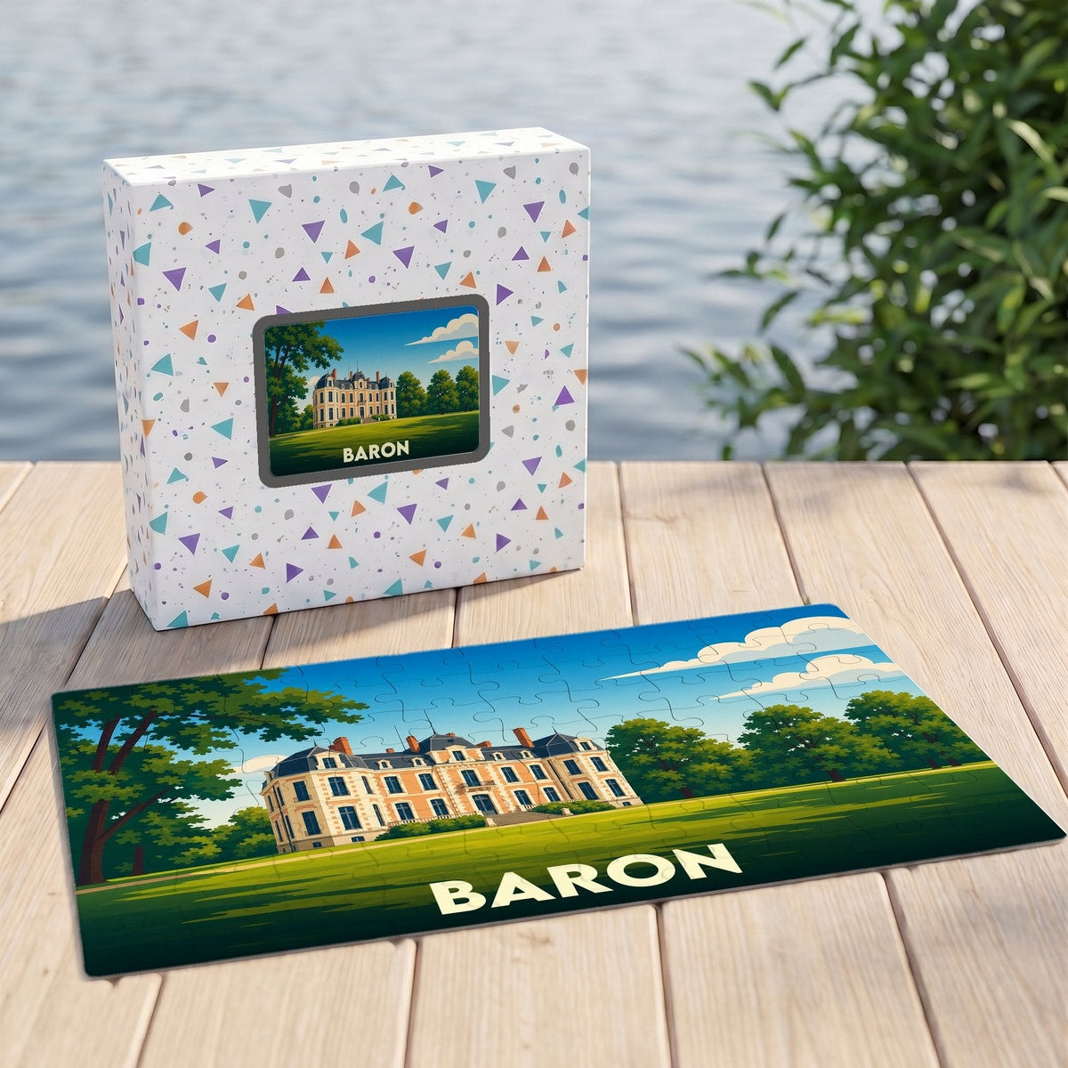 Puzzle souvenir de la ville de Baron avec une illustration stylisée d'un château.