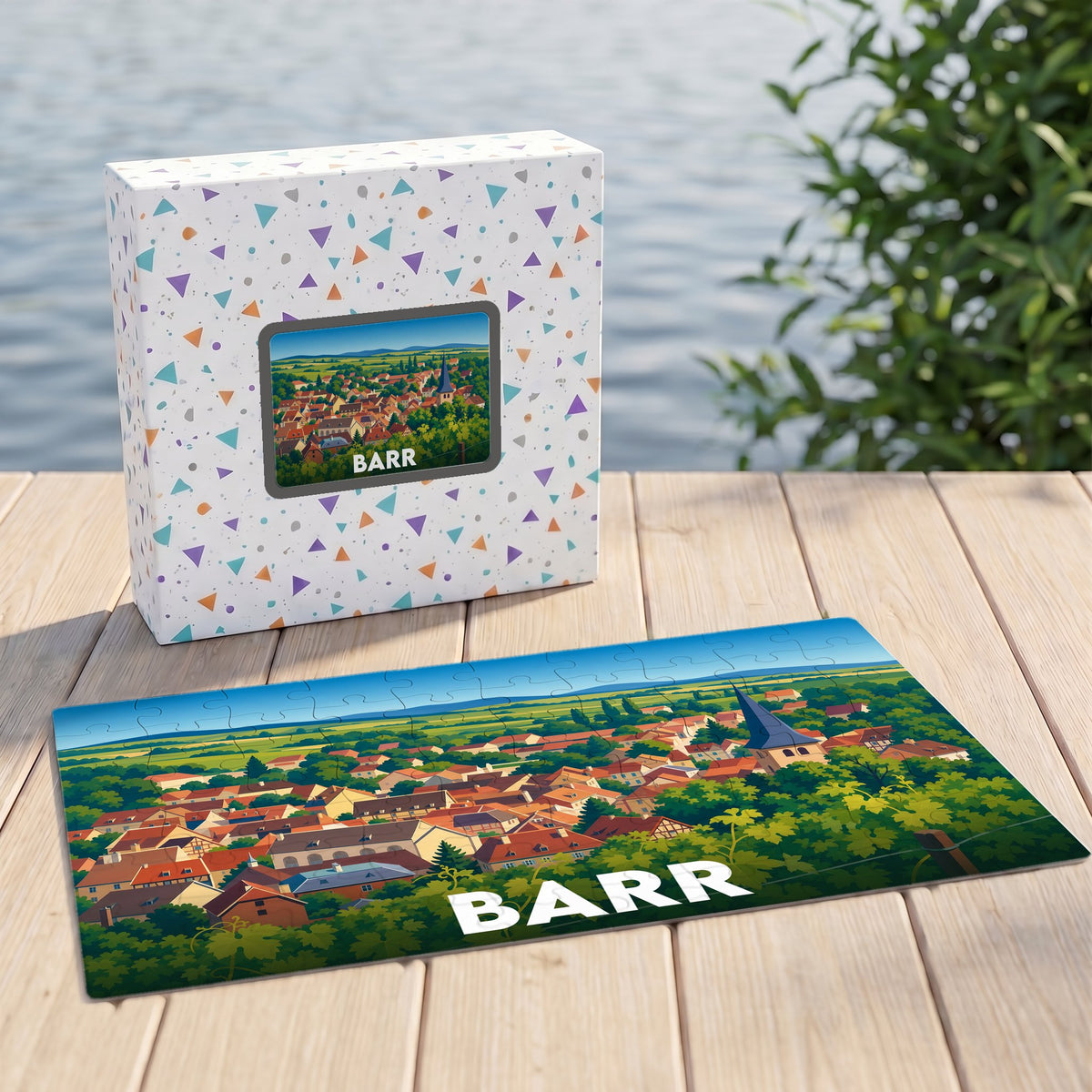 Puzzle souvenir de la ville de Barr avec une illustration panoramique stylisée.