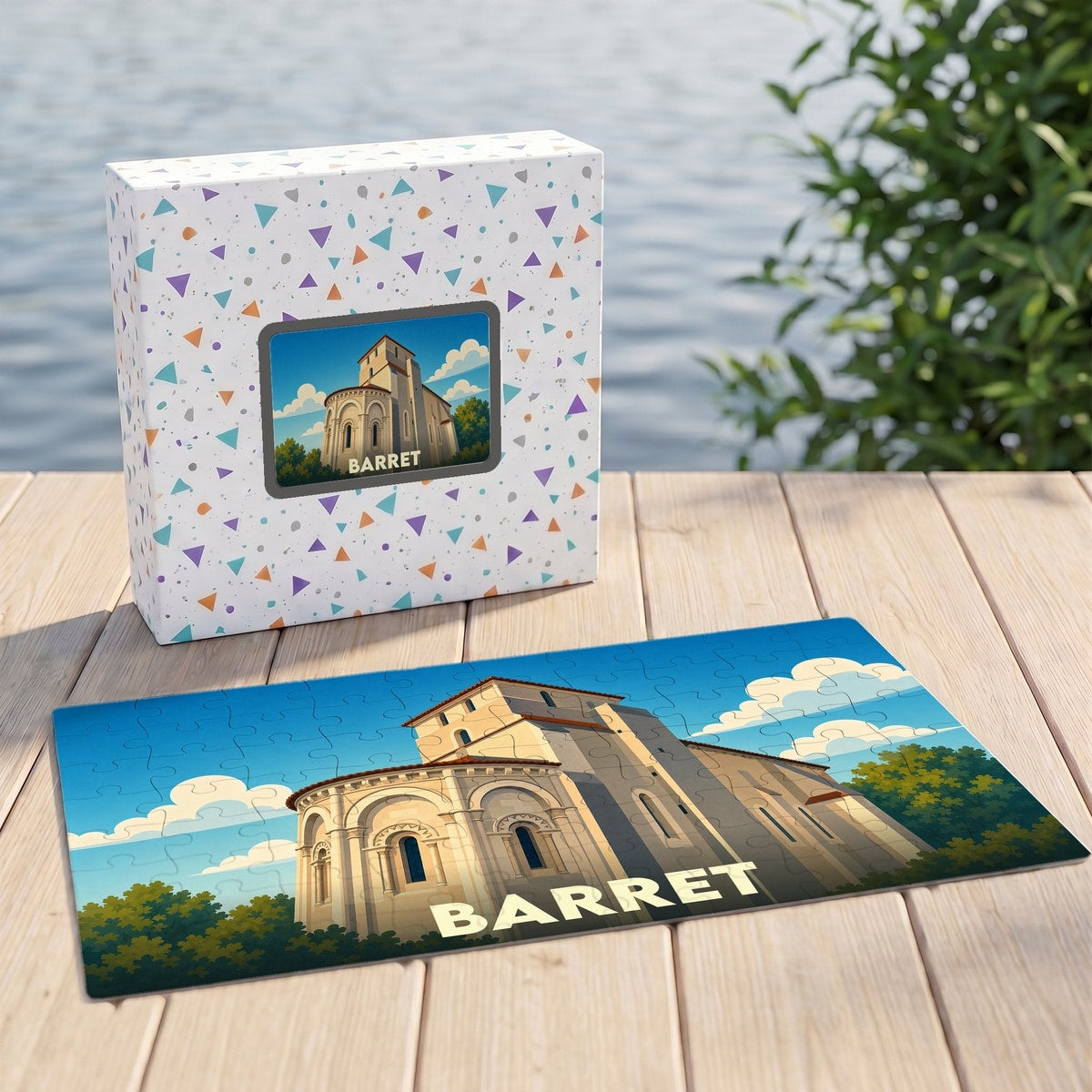 Puzzle souvenir de la ville de Barret avec une illustration stylisée de son église romane.