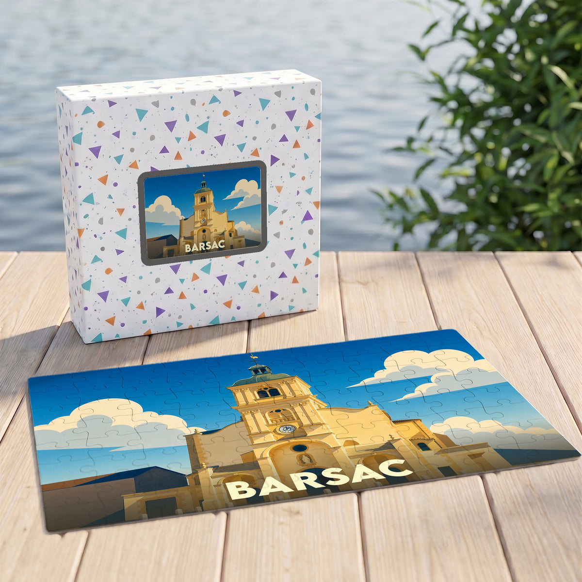 Puzzle souvenir de la ville de Barsac illustrant son église sous un ciel azur.