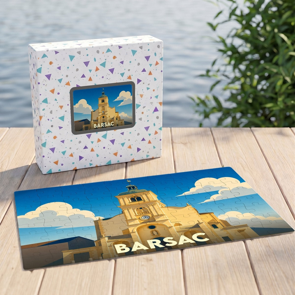 Puzzle souvenir de la ville de Barsac illustrant son église sous un ciel azur.