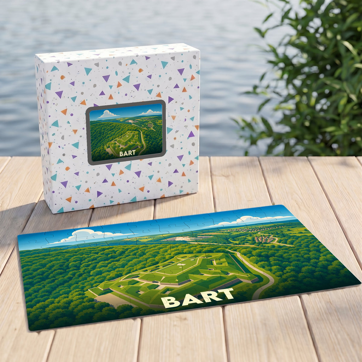 Puzzle souvenir de la ville de Bart avec une illustration de paysage verdoyant.