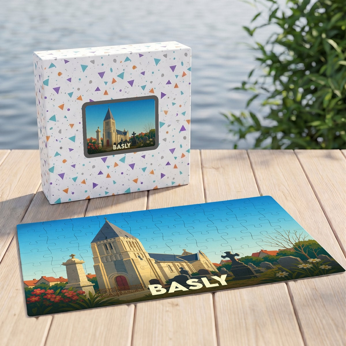 Puzzle souvenir de la ville de Basly avec une illustration stylisée d'une église et de son cimetière.