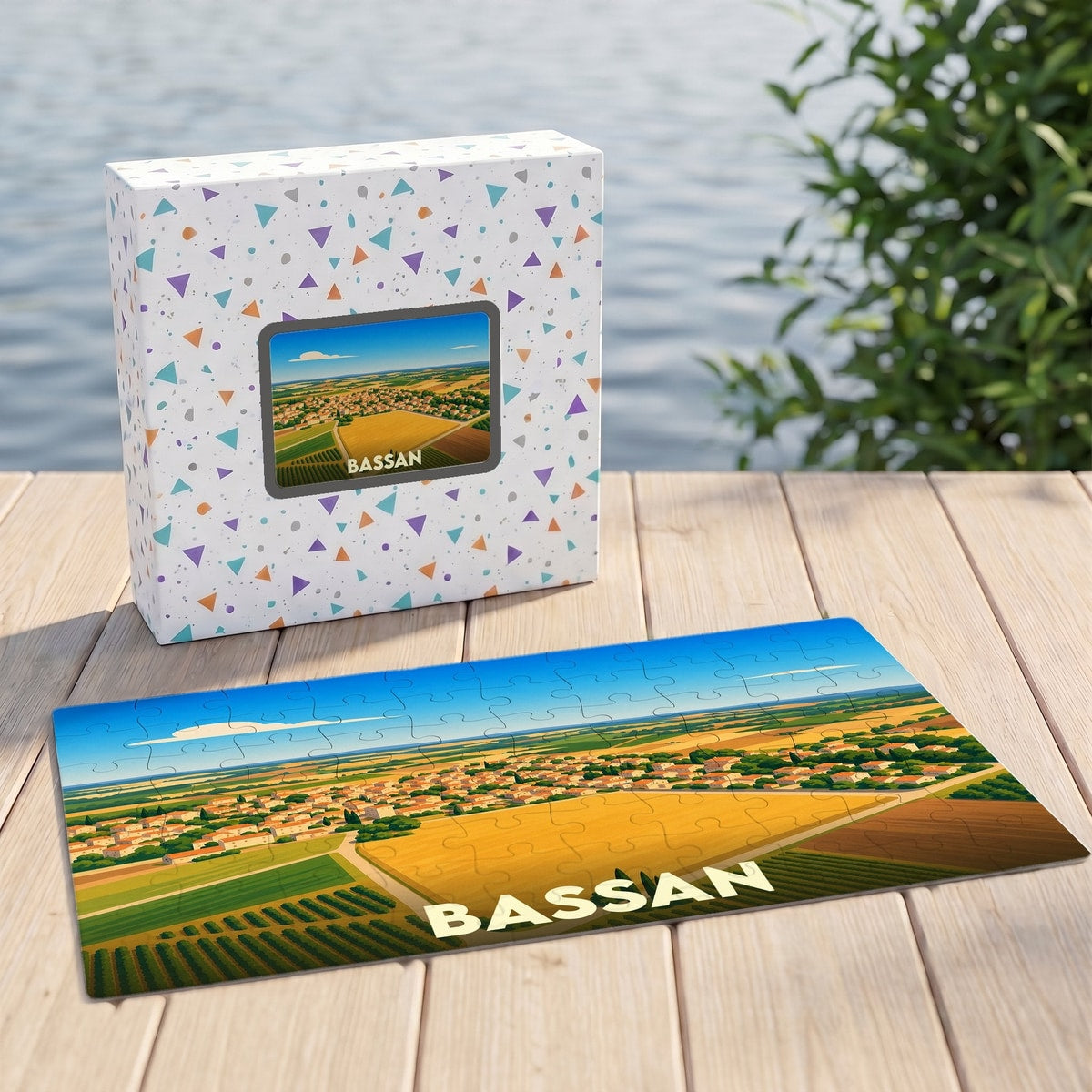 Puzzle souvenir de la ville de Bassan avec une illustration panoramique stylisée et sa boîte assortie.