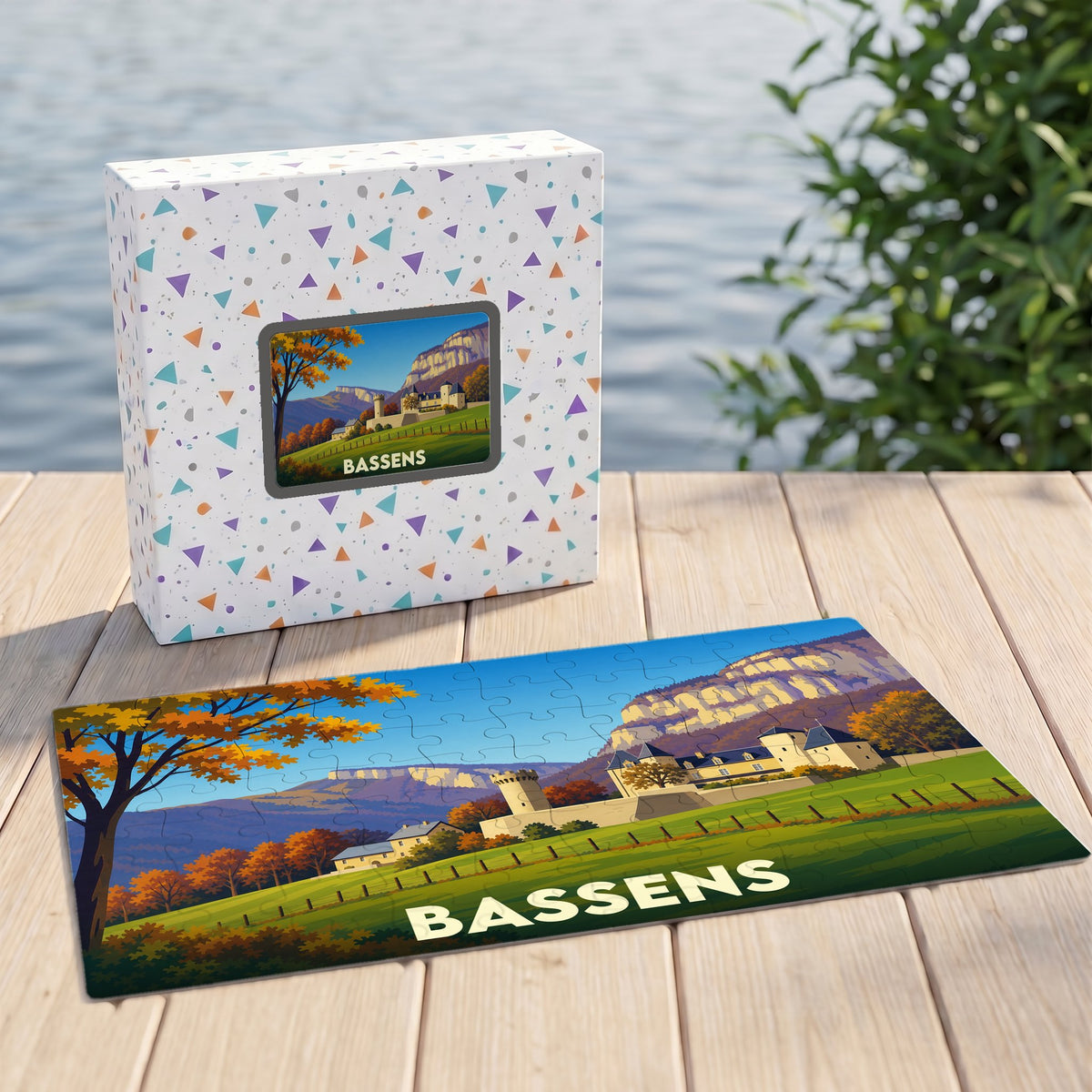 Puzzle souvenir de la ville de Bassens avec une illustration stylisée de son paysage et de ses monuments.