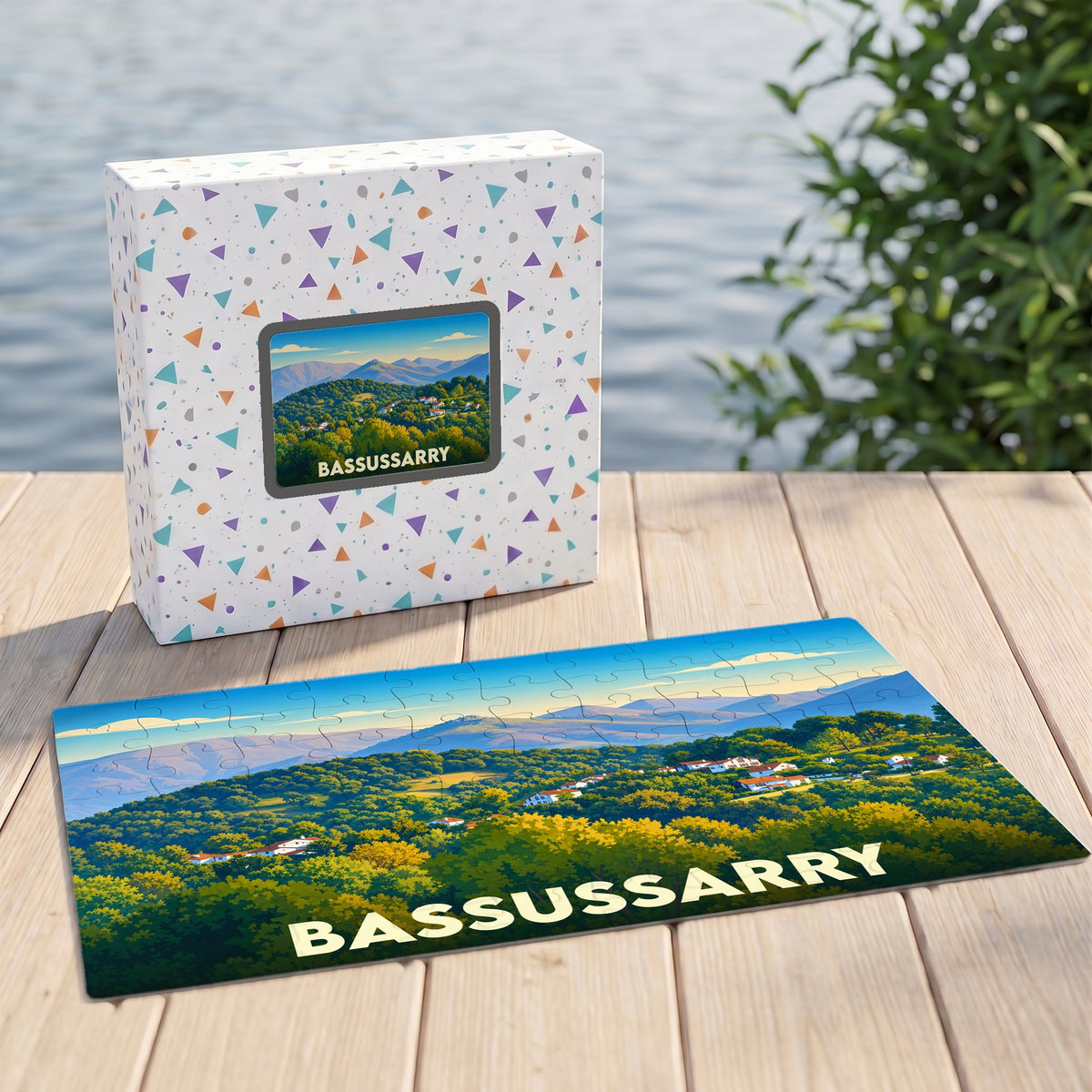 Puzzle souvenir de la ville de Bassussarry avec une illustration paysagère stylisée.