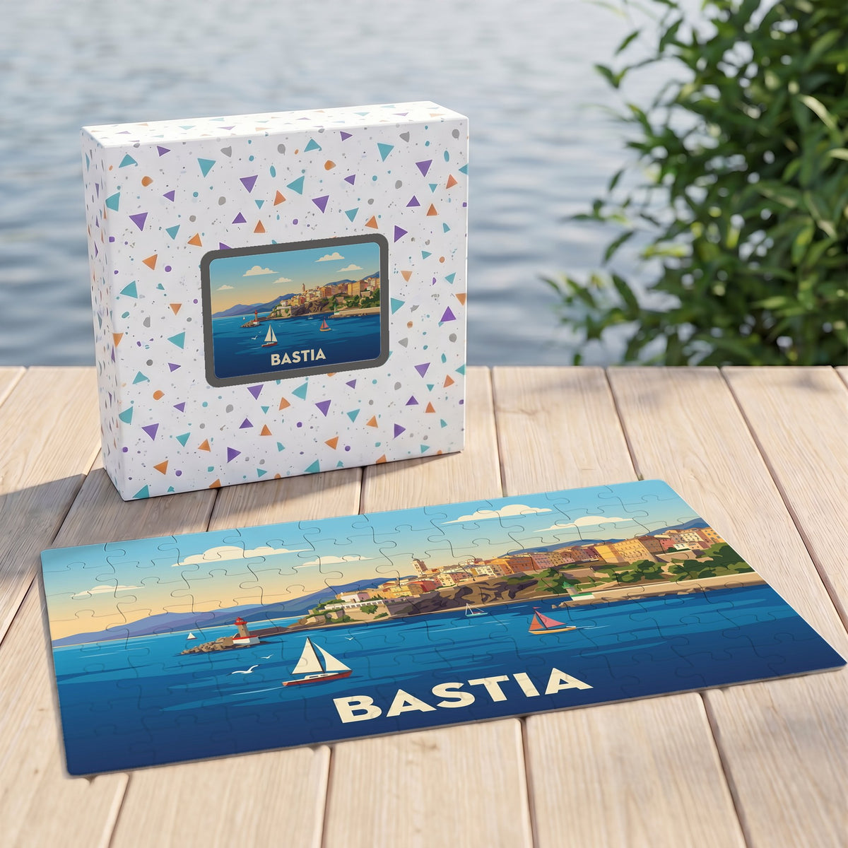Puzzle souvenir de la ville de Bastia avec une illustration stylisée de son port et de son front de mer.
