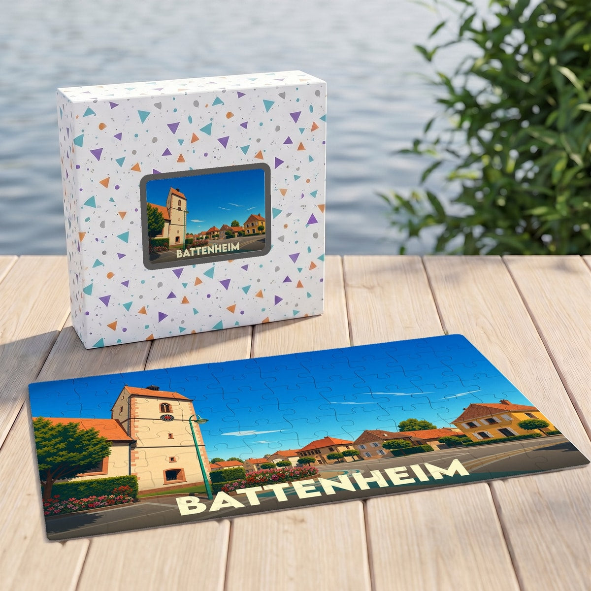 Puzzle souvenir de la ville de Battenheim avec une illustration stylisée et colorée.