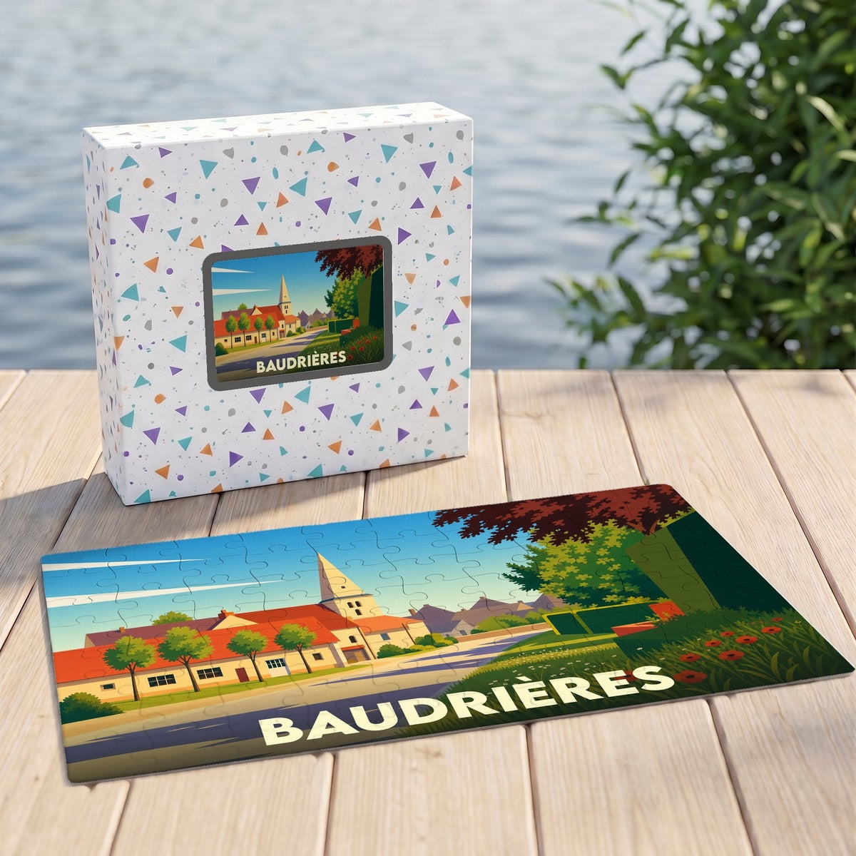 Puzzle souvenir de la ville de Baudrières avec une illustration stylisée d'un paysage urbain.