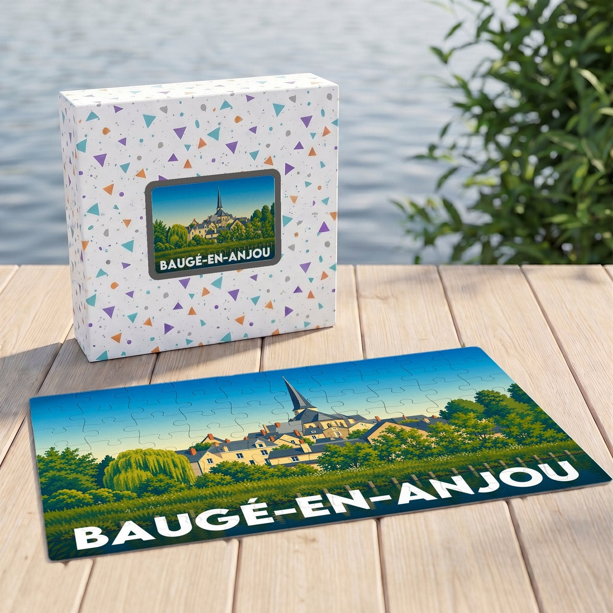 Puzzle souvenir de la ville de Baugé-en-Anjou avec une illustration stylisée et sa boîte assortie posés sur un ponton en bois.