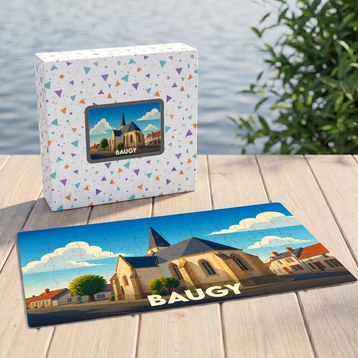 Puzzle souvenir de la ville de Baugy avec une illustration stylisée de son église.