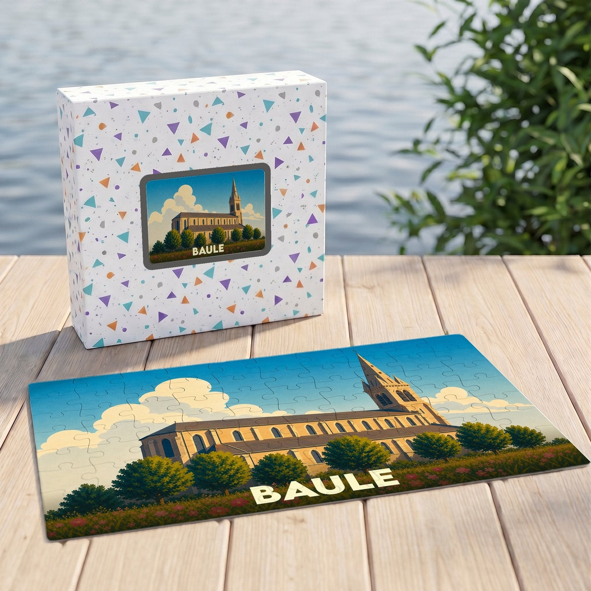 Puzzle souvenir de la ville de Baule illustré d'un paysage stylisé de son église.