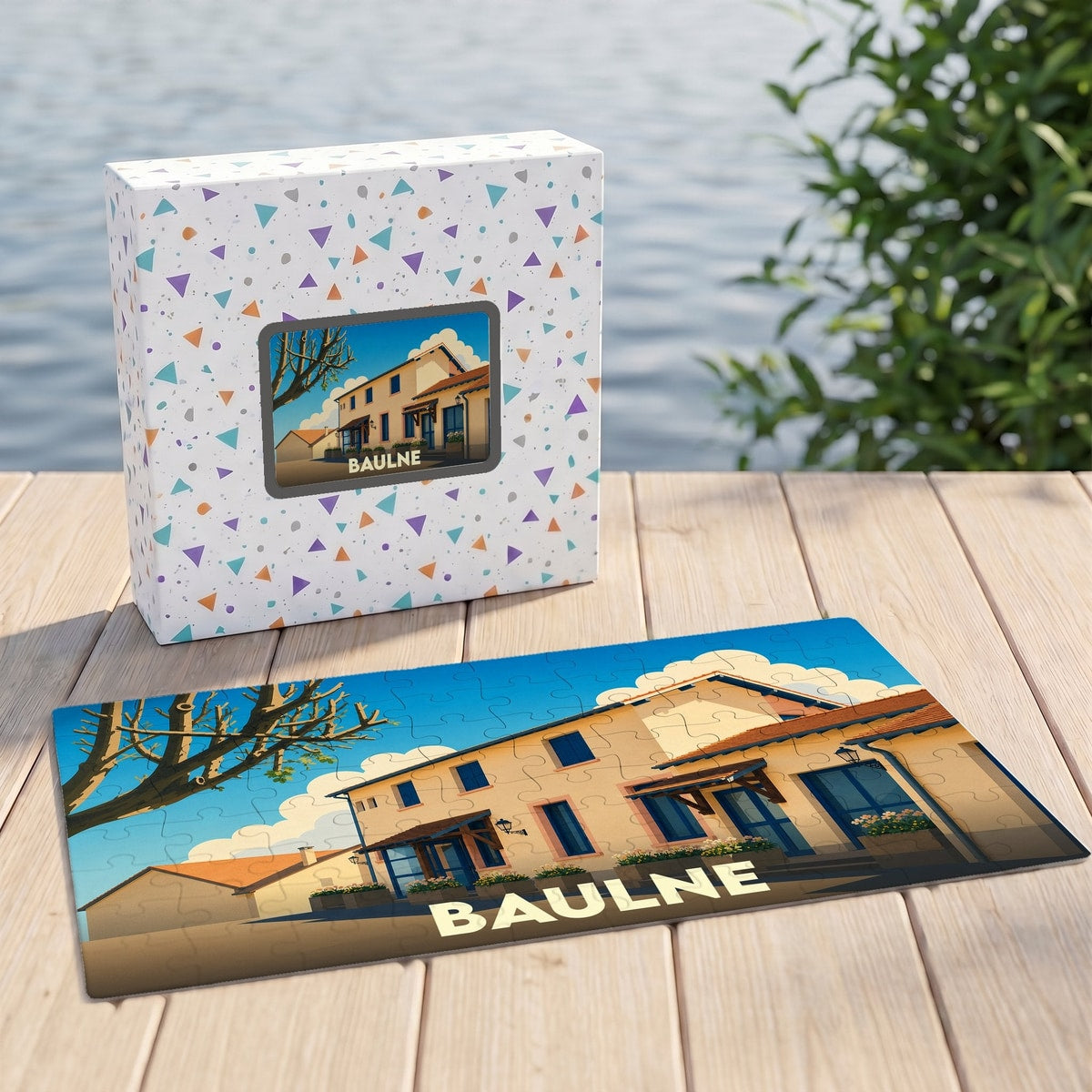 Puzzle souvenir de la ville de Baulne avec une illustration stylisée d'un bâtiment ensoleillé.