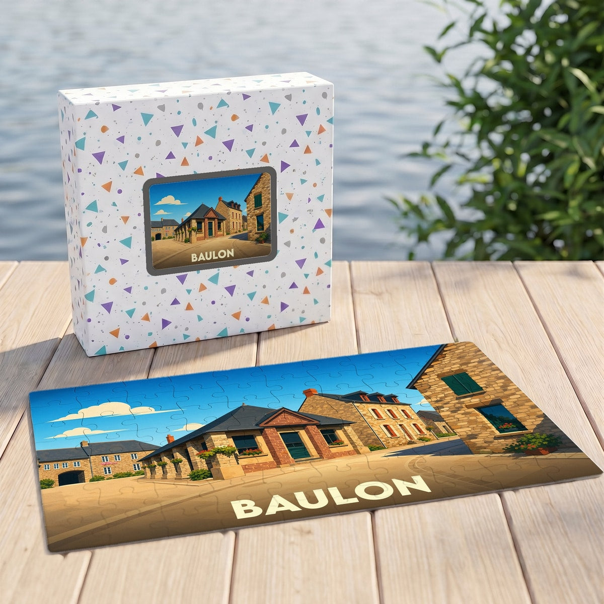 Puzzle souvenir de la ville de Baulon avec une illustration stylisée de ses maisons en pierre.