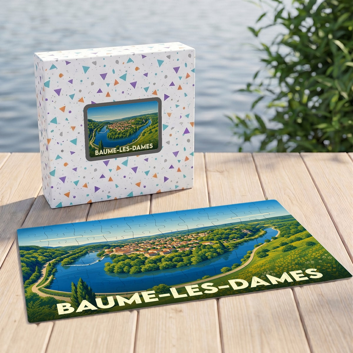 Puzzle souvenir de la ville de Baume-les-Dames avec une illustration stylisée de son paysage fluvial.