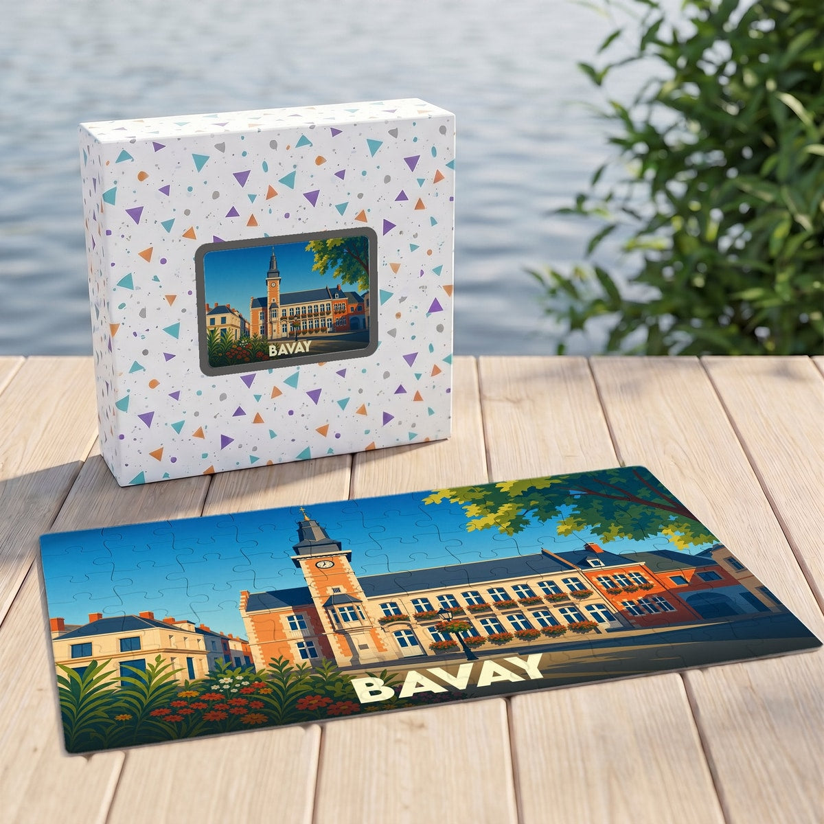Puzzle souvenir de la ville de Bavay avec une illustration stylisée de son hôtel de ville.