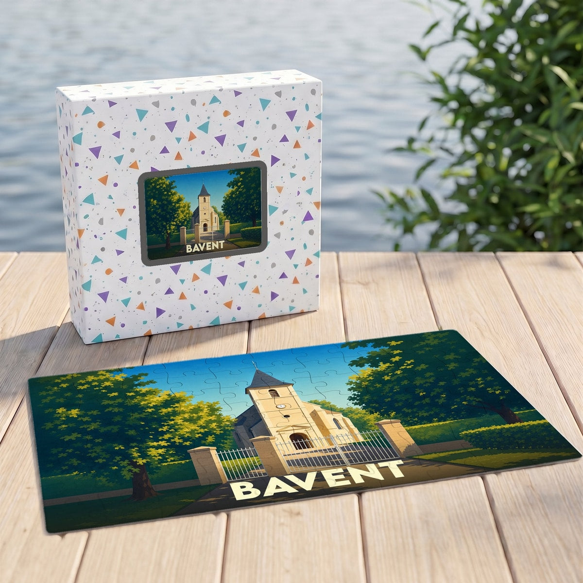 Puzzle souvenir de la ville de Bavent avec une illustration stylisée de son église.