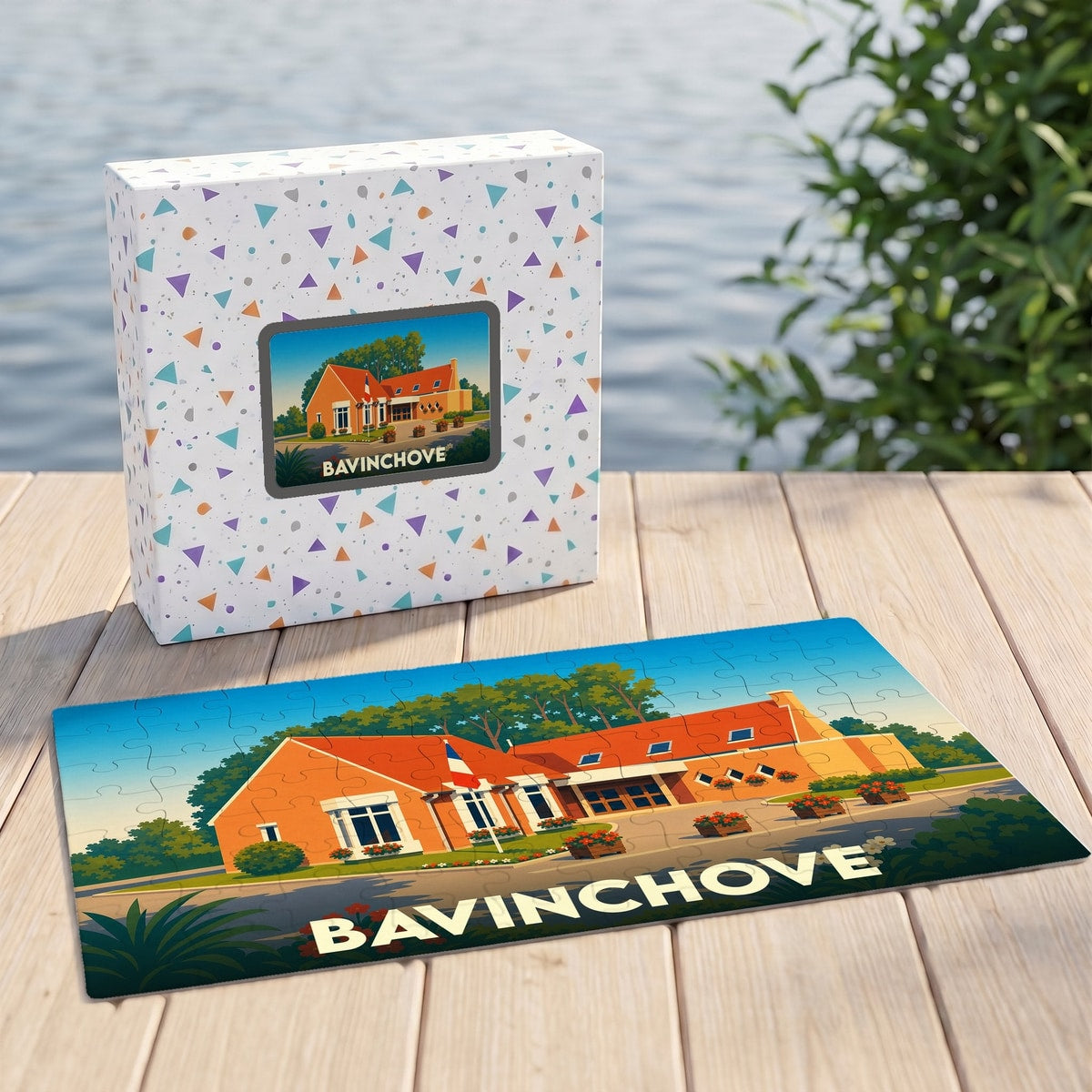 Puzzle souvenir de la ville de Bavinchove avec une illustration stylisée.