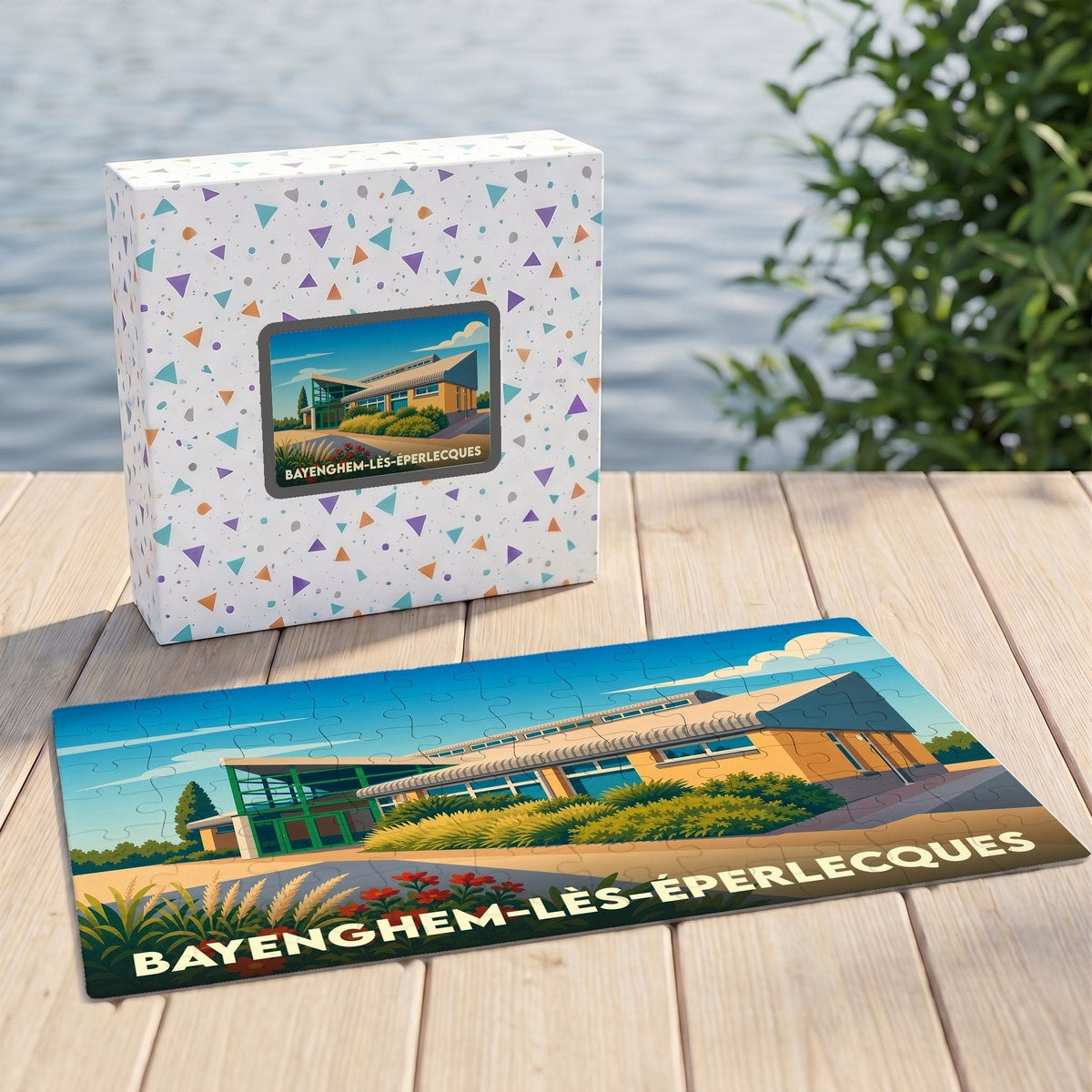 Puzzle souvenir de la ville de Bayenghem-lès-Éperlecques avec une illustration stylisée de sa mairie.