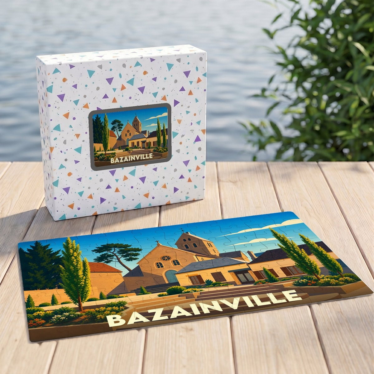 Puzzle souvenir de la ville de Bazainville présentant une illustration stylisée de son église et de ses paysages.