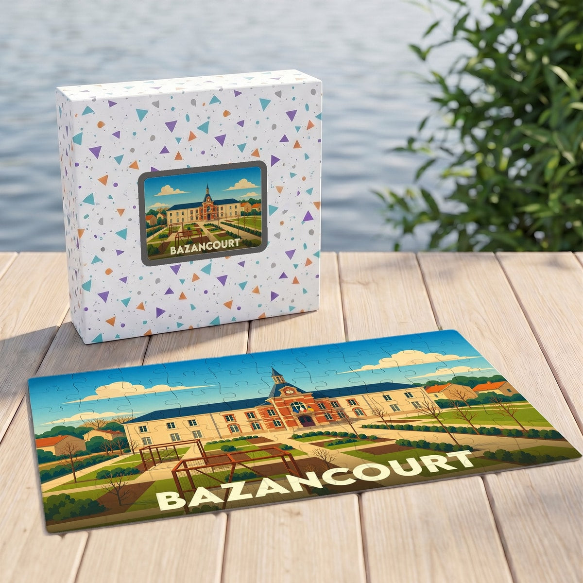 Puzzle souvenir de la ville de Bazancourt illustrant un bâtiment historique dans un style graphique épuré.