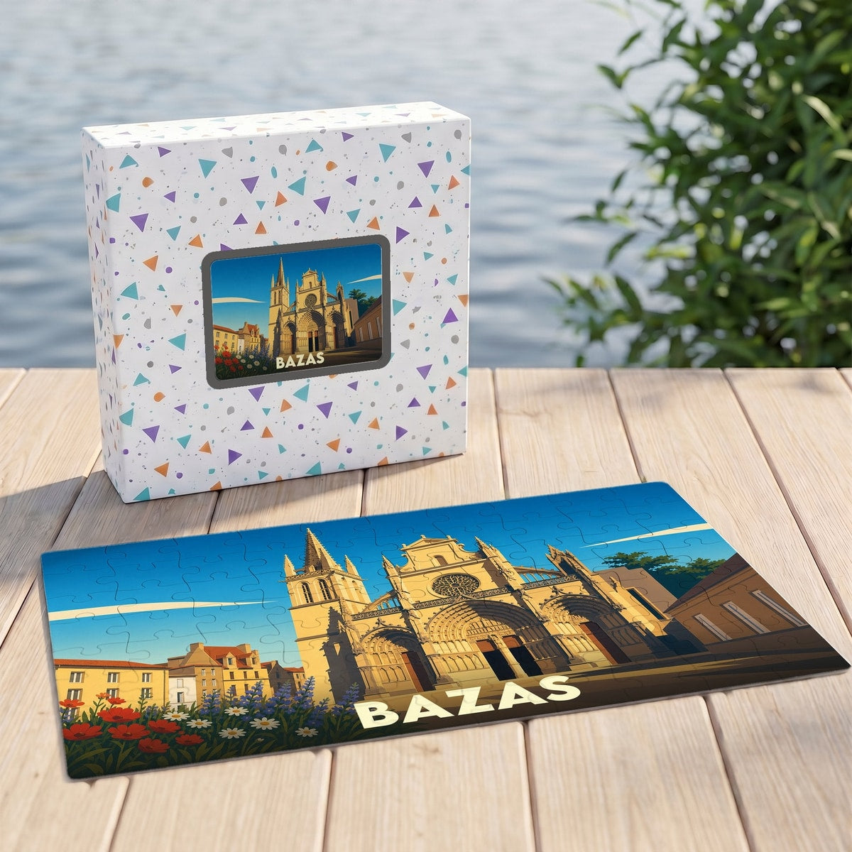 Puzzle souvenir de la ville de Bazas avec une illustration stylisée de sa cathédrale.