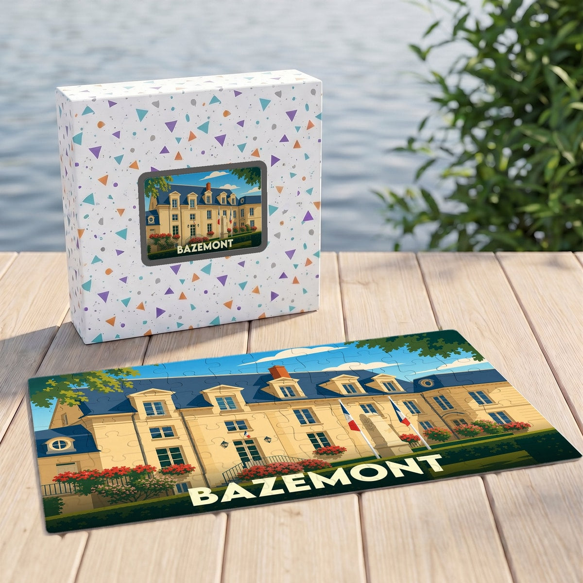 Puzzle souvenir de la ville de Bazemont avec une illustration stylisée.