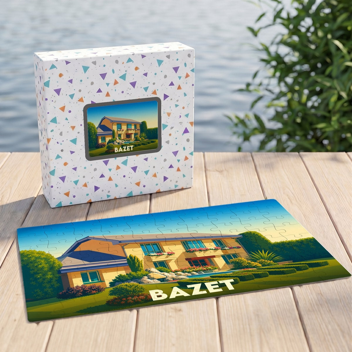 Puzzle souvenir de la ville de Bazet avec une illustration stylisée d'une maison et de son jardin.