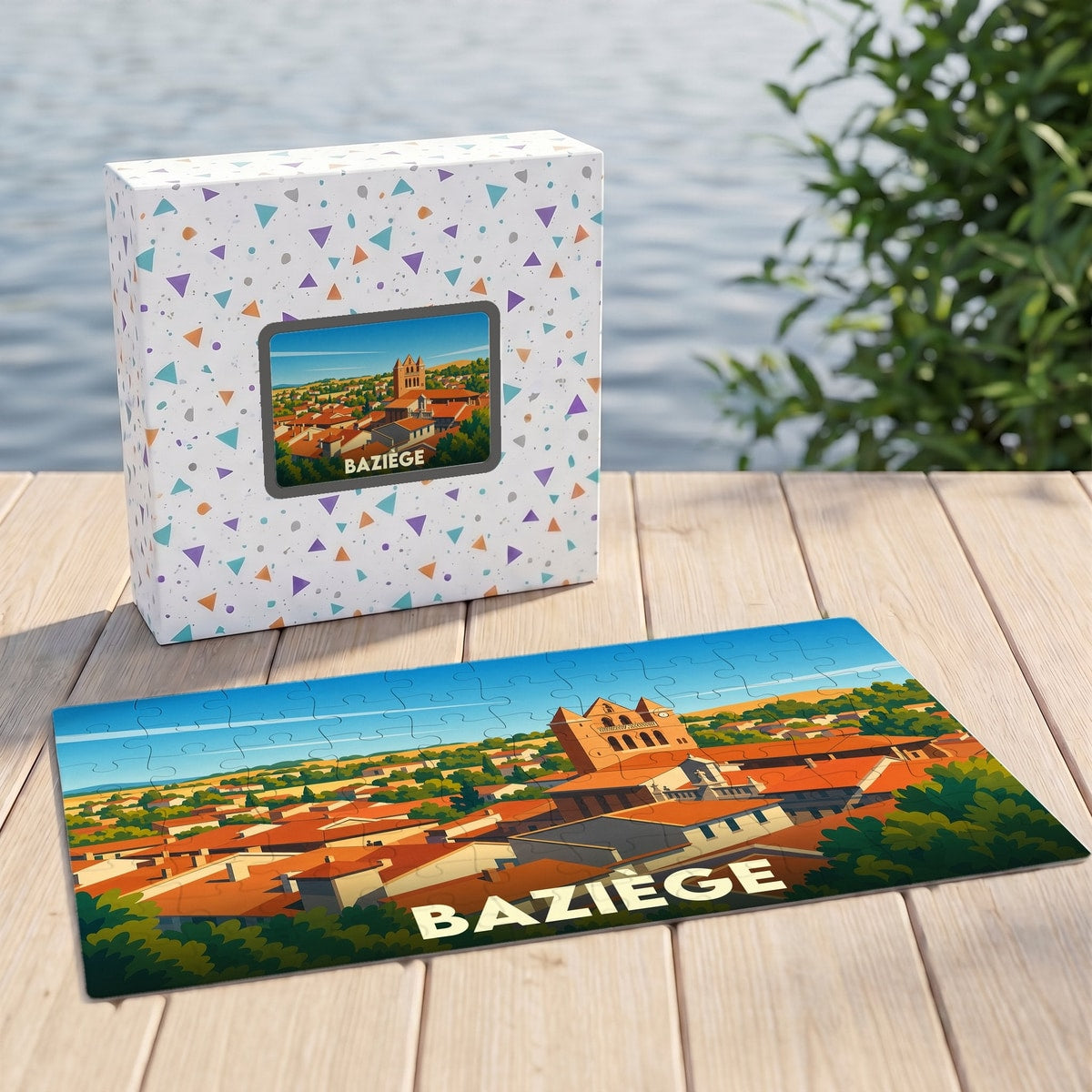 Puzzle souvenir de la ville de Baziège avec une illustration stylisée et sa boîte assortie.