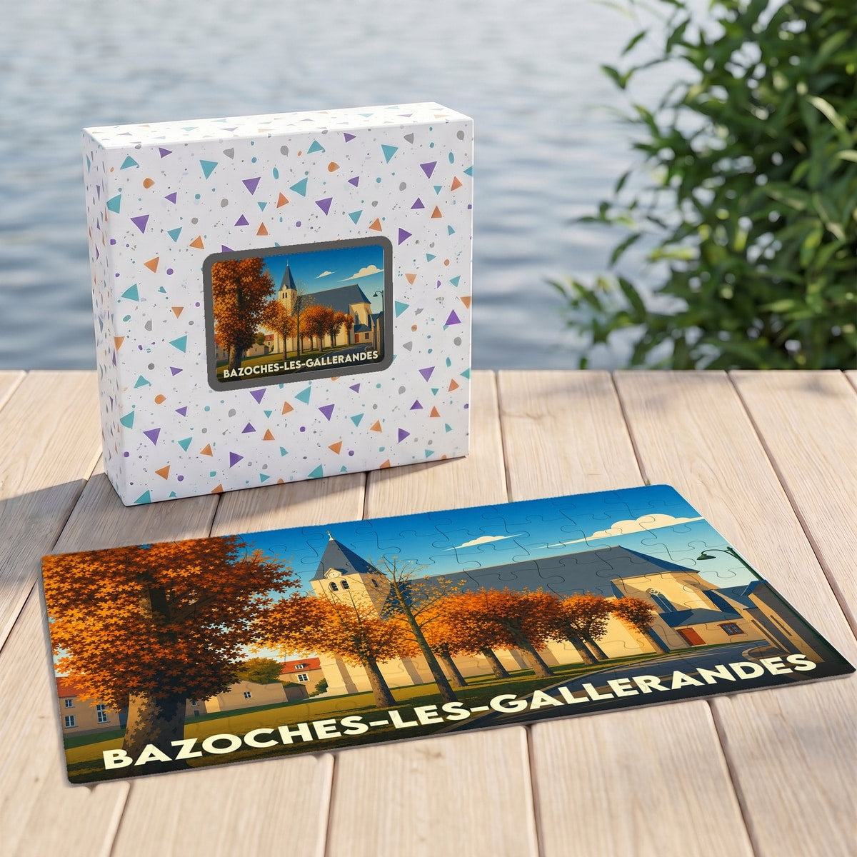 Puzzle souvenir de la ville de Bazoches-les-Gallerandes avec une illustration automnale de son église.
