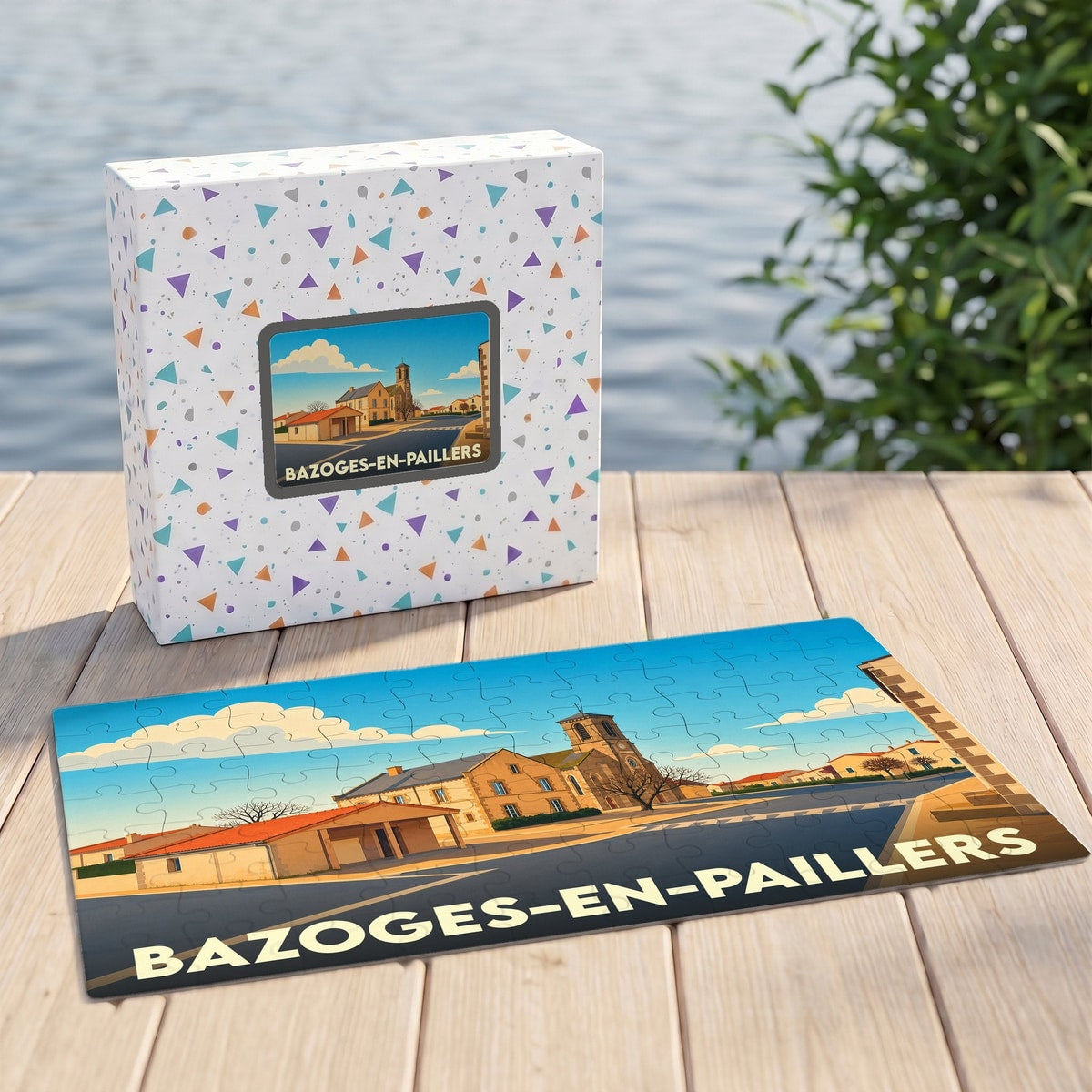 Puzzle souvenir de la ville de Bazoges-en-Paillers avec une illustration stylisée de ses bâtiments et de son église.