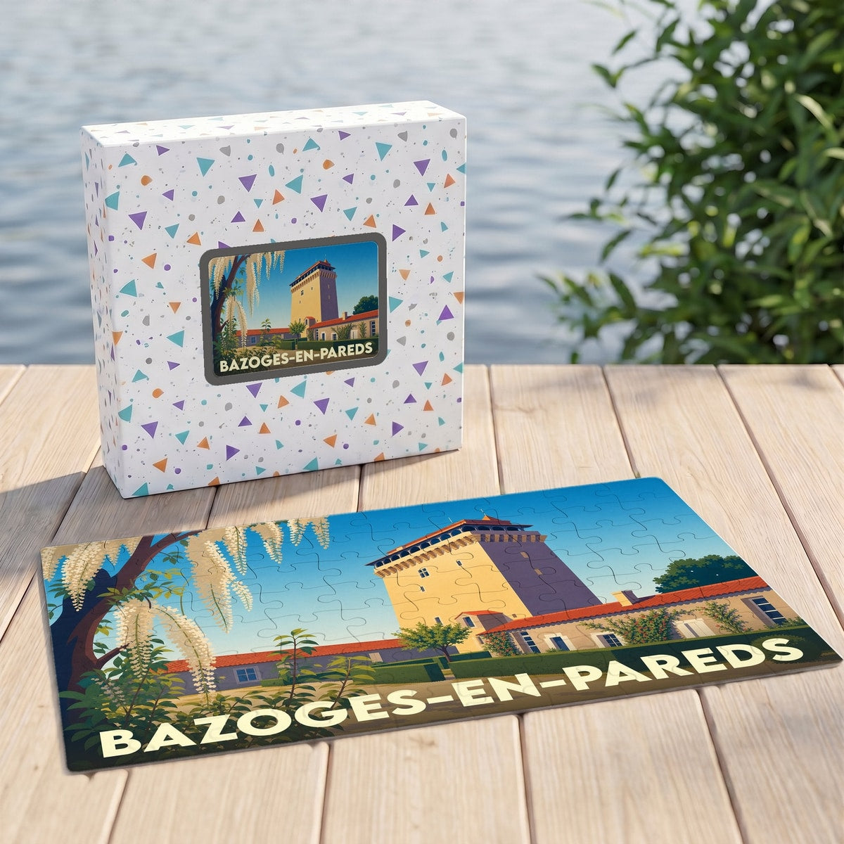 Puzzle souvenir de la ville de Bazoges-en-Pareds avec une illustration stylisée de son donjon médiéval.