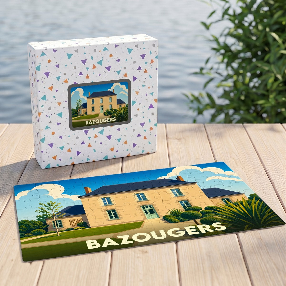 Puzzle souvenir de la ville de Bazougers avec une illustration stylisée d'une demeure traditionnelle.