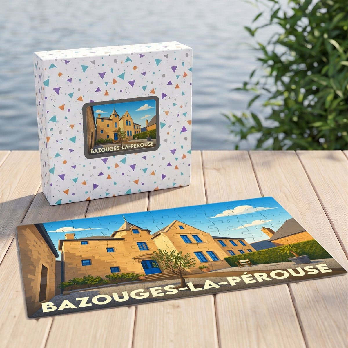Puzzle souvenir de la ville de Bazouges-la-Pérouse avec une illustration stylisée d'un bâtiment historique.