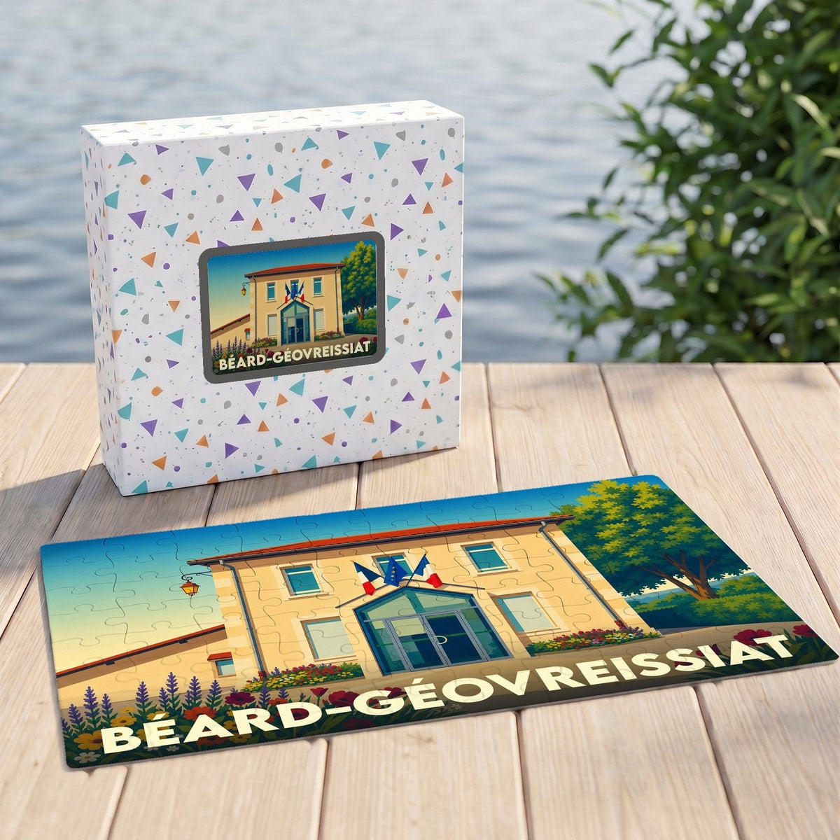 Puzzle souvenir de la ville de Béard-Géovreissiat illustrant sa mairie dans un style graphique épuré.