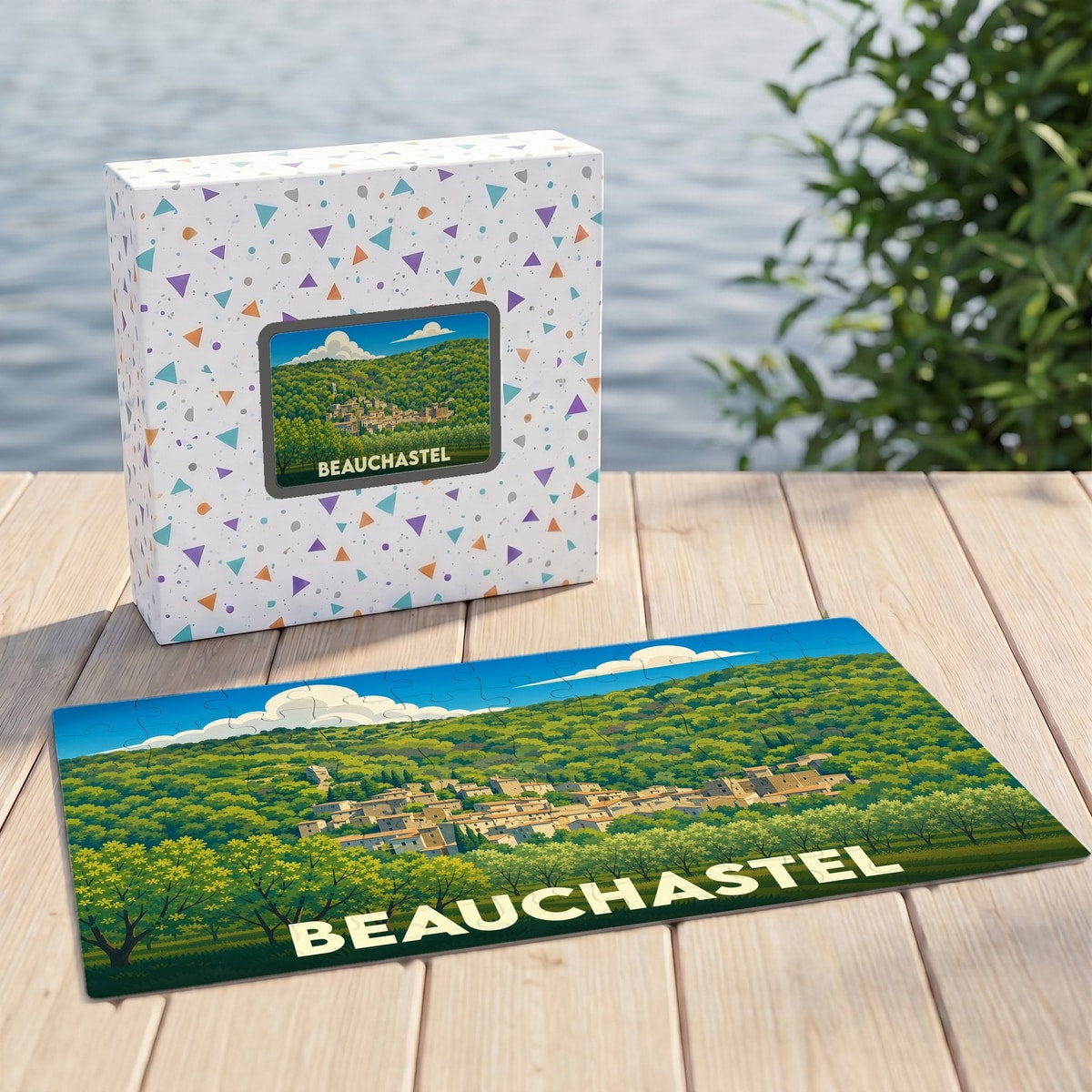 Puzzle souvenir de la ville de Beauchastel avec une illustration stylisée de son village niché dans la verdure.