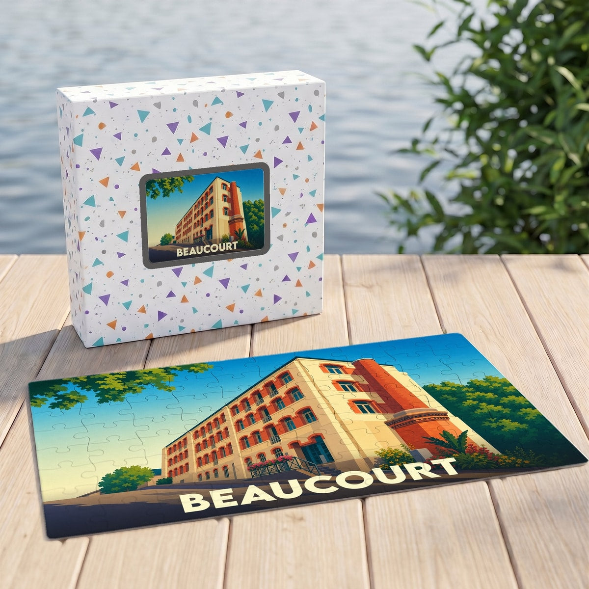 Puzzle souvenir de la ville de Beaucourt avec une illustration stylisée d'un bâtiment historique.