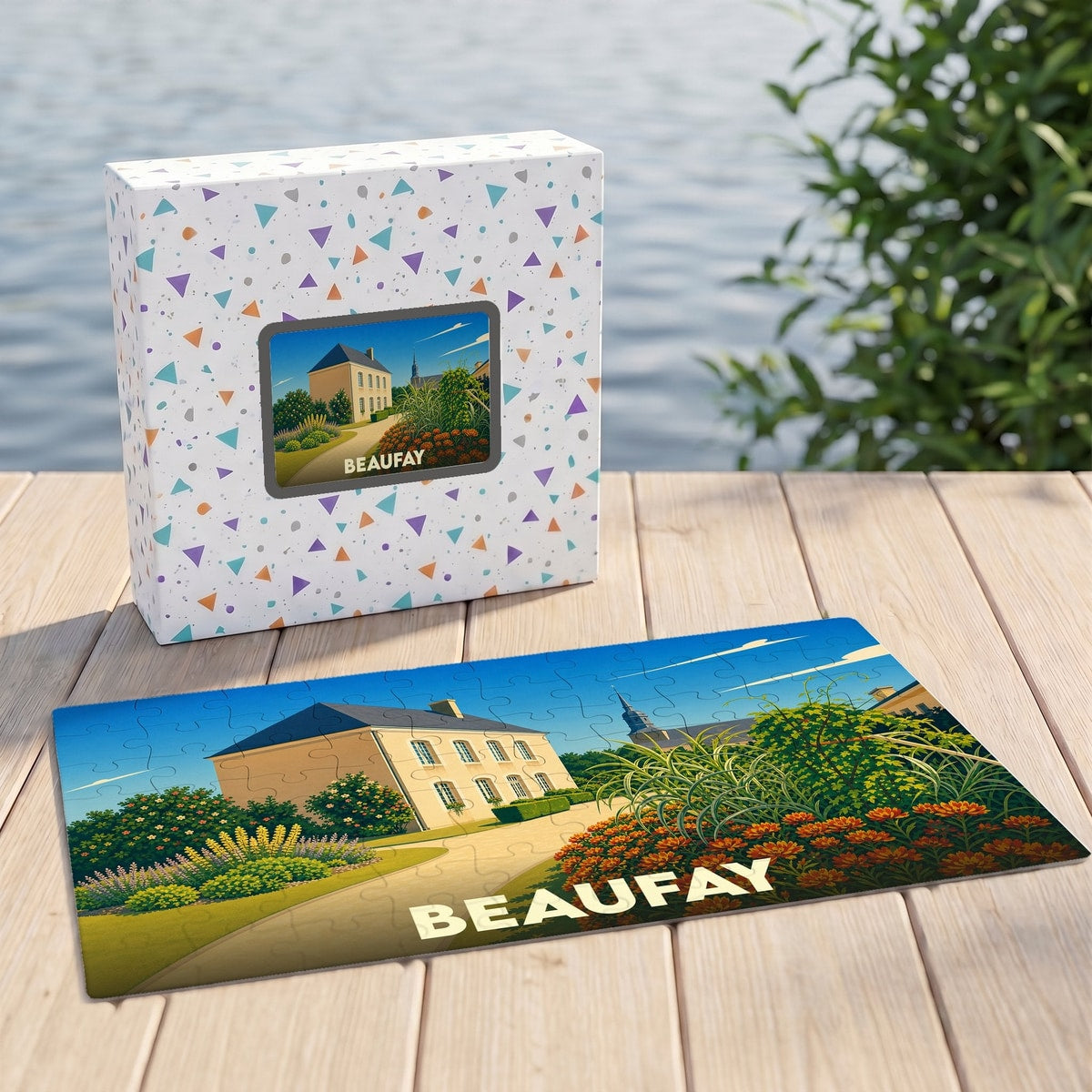 Puzzle souvenir de la ville de Beaufay avec une illustration paysagère colorée.