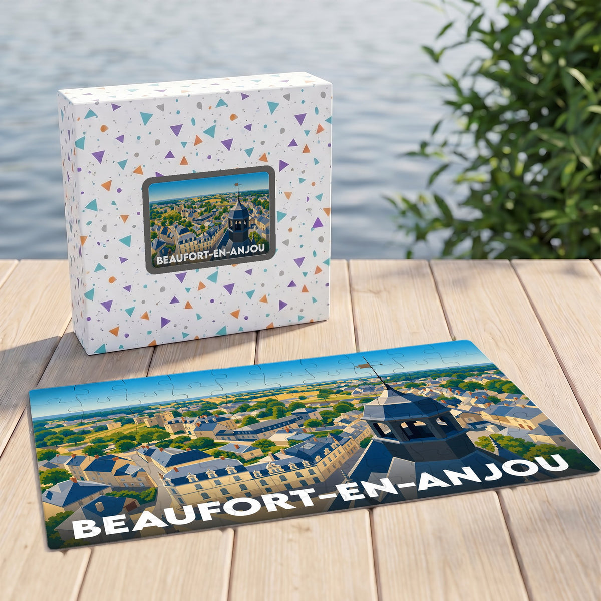 Puzzle souvenir de la ville de Beaufort-en-Anjou avec une illustration aérienne colorée et stylisée.