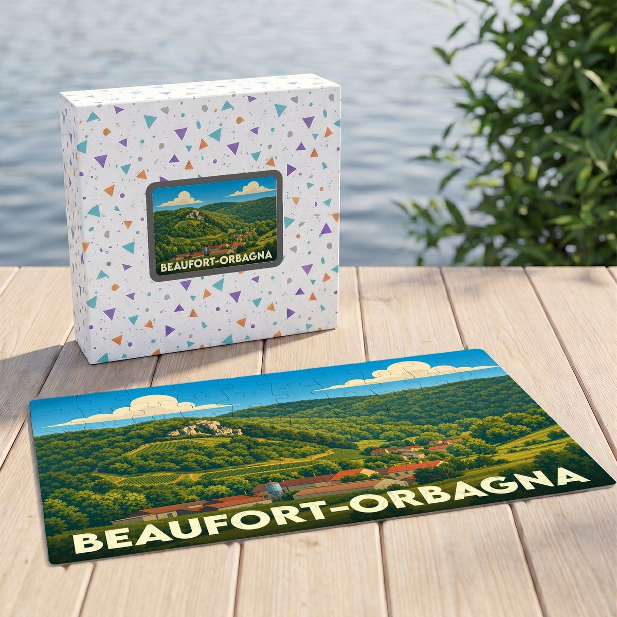 Puzzle souvenir de la ville de Beaufort-Orbagna avec une illustration stylisée d'un paysage verdoyant.