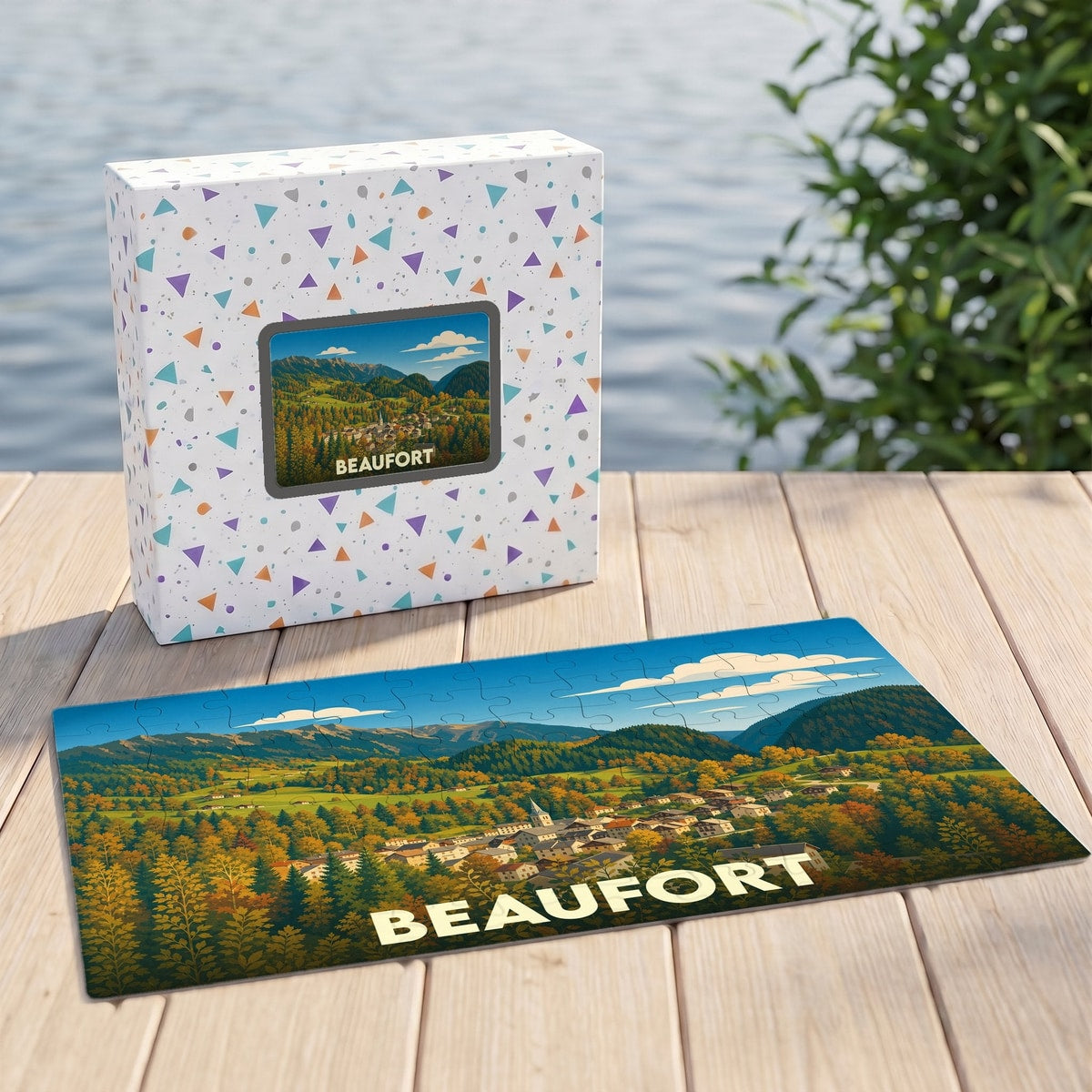 Puzzle souvenir de la ville de Beaufort avec une illustration stylisée de ses paysages montagneux.