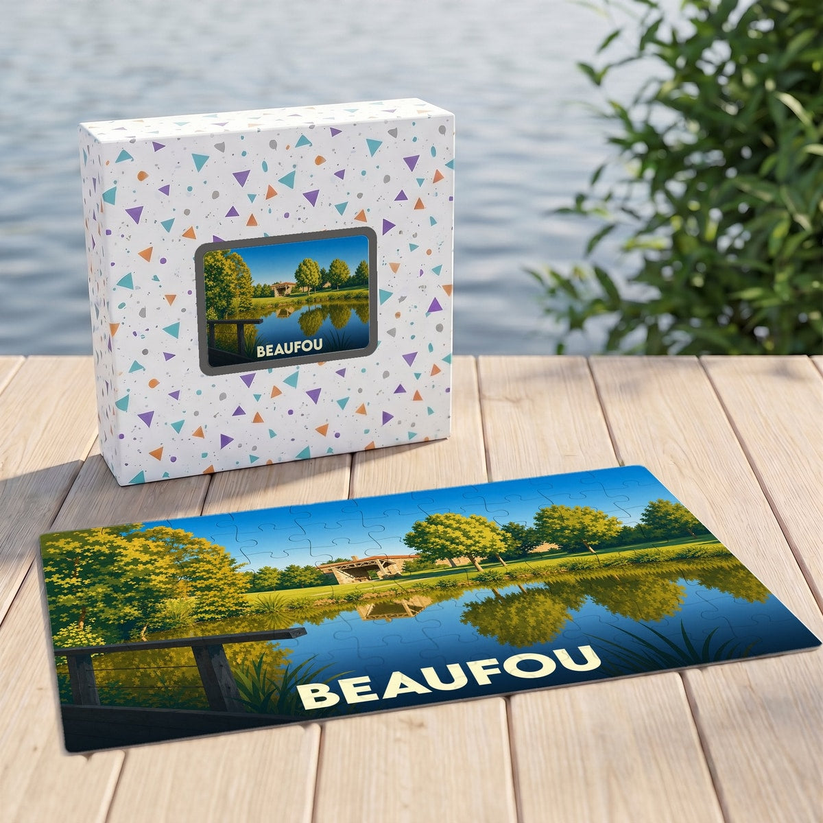 Puzzle souvenir de la ville de Beaufou avec une illustration stylisée d'un paysage lacustre.