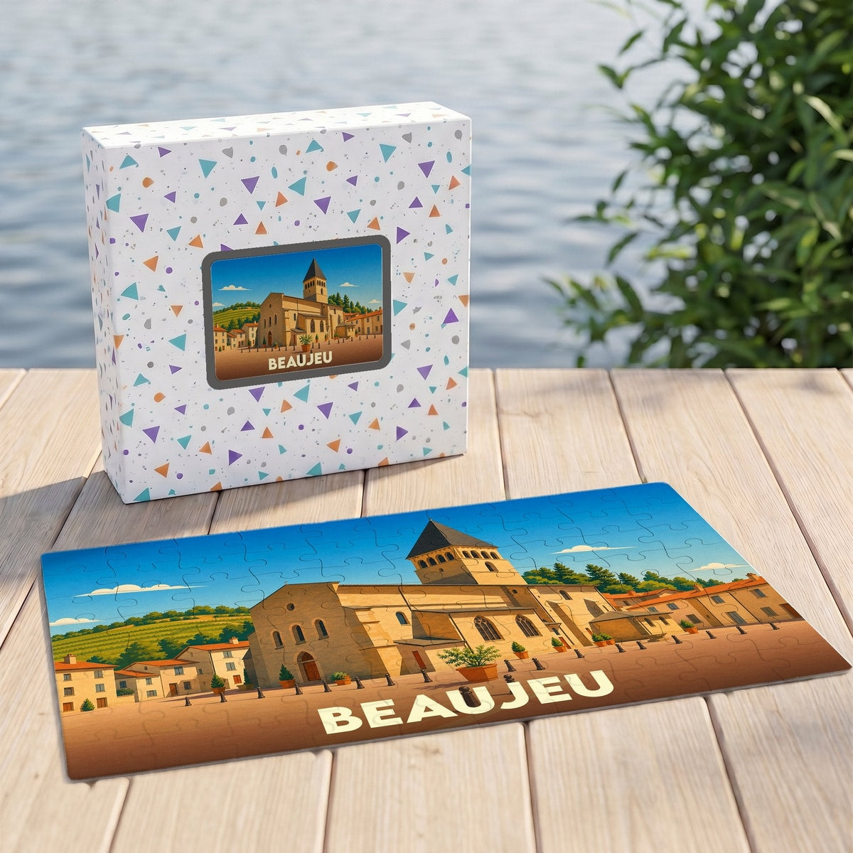 Puzzle souvenir de la ville de Beaujeu avec une illustration stylisée d'une église sur une place ensoleillée.